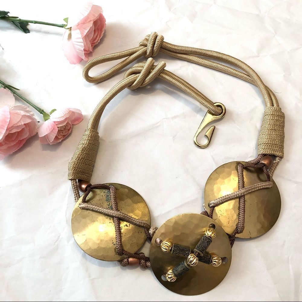 VINTAGE Hammered Brass Circle Knot Rope Belt Gold Statement Waist Hip Boho Gypsy